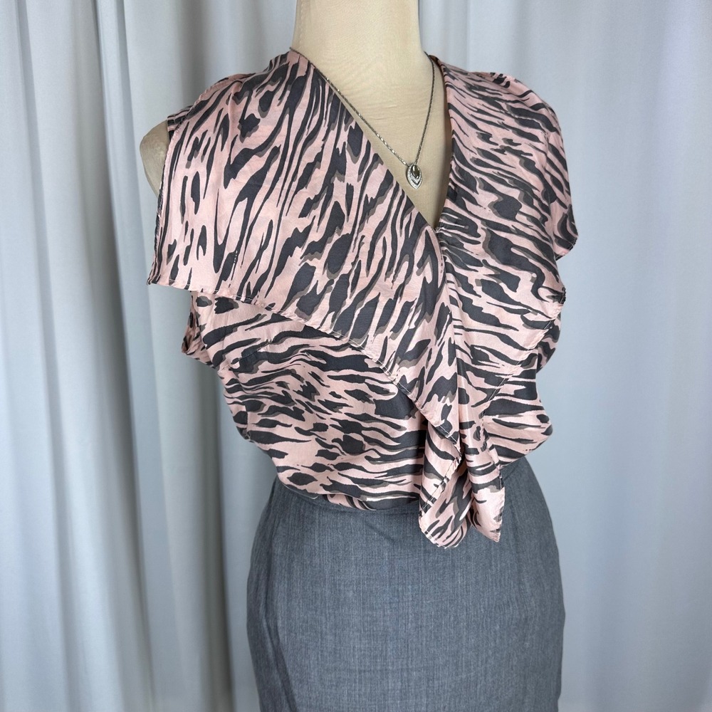 CAbi 100% Silk Blouse Womens M Pink Animal‎ Print Ruffle Drape Sleeveless